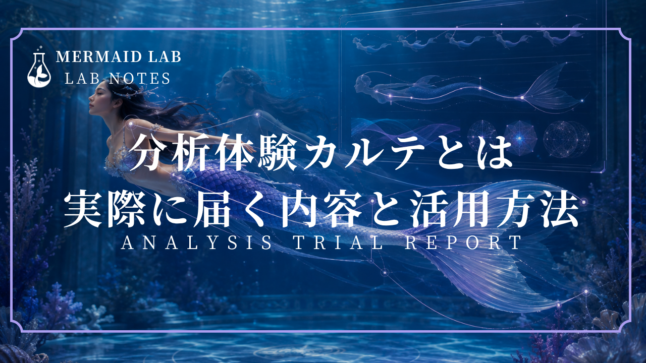 Mermaid Labの分析体験カルテの内容と、泳ぎの動画分析例を紹介するイメージ